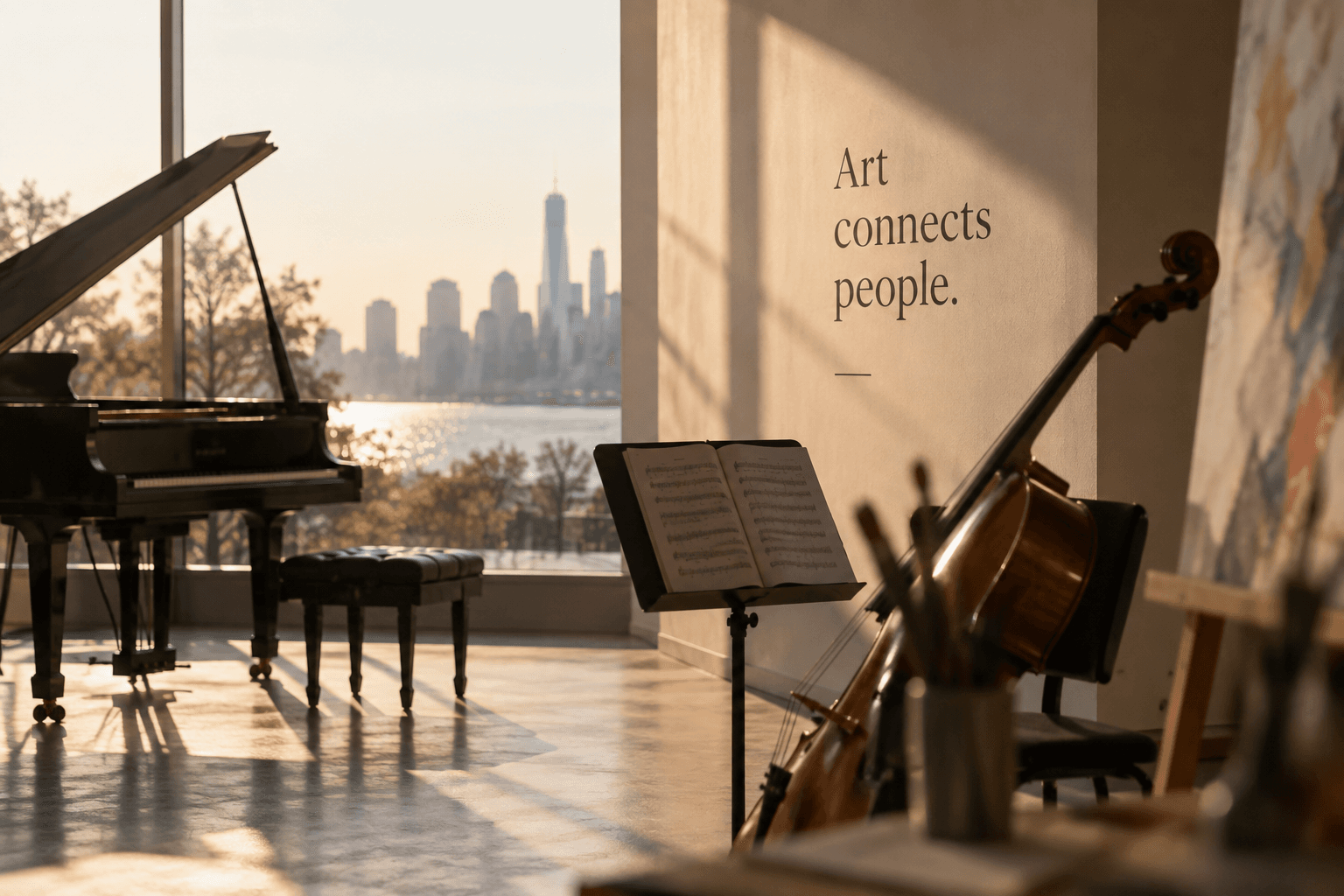 A sunlit studio with a grand piano, cello, and artwork overlooking the city skyline, with the words 'Art connects people.' on the wall